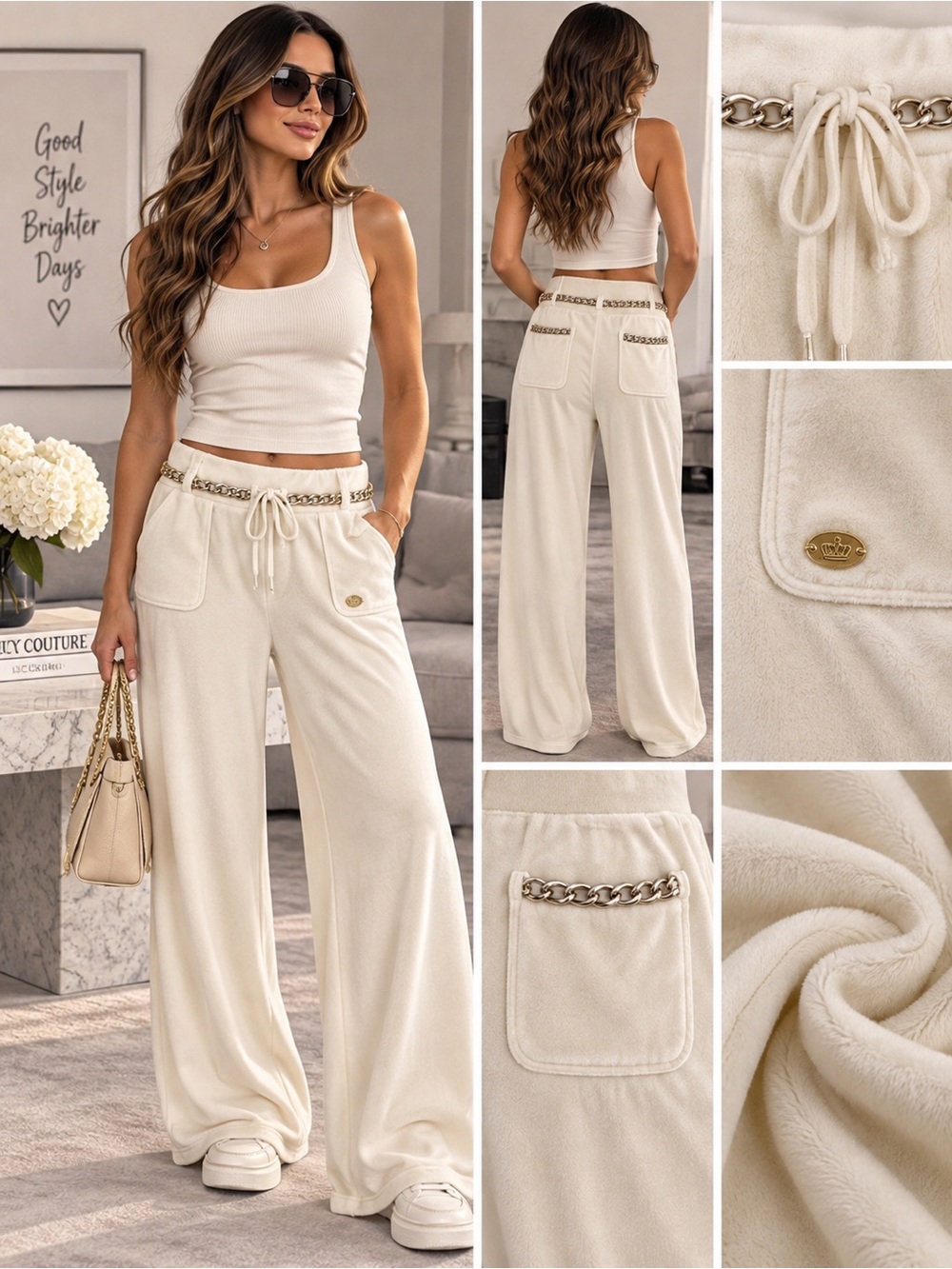Juicy Couture Cream Velour Wide-Leg Lounge Pants with Gold Chain Trim Y2K Size M